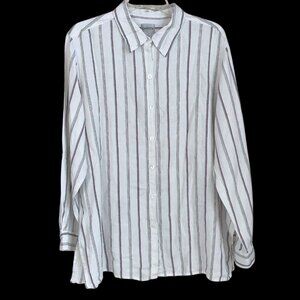 Chico's Monterey Stripe Islander Linen Top Womens Large Roll Tab Button up White